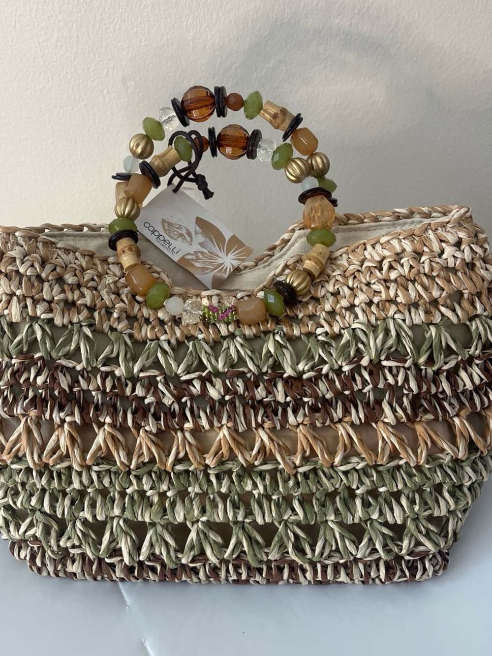 Cappelli Straworld Beaded-Handle Straw Mini Bag in Green and Brown